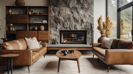 Brown leather chairs and grey sofa in room with fire place