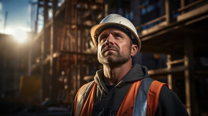 construction worker on the construction site Works with concrete and wood.