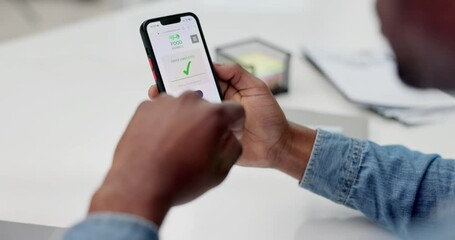 Hands, phone and food on e commerce app with click, choice and sale for diet, discount and check at desk. Man, smartphone and scroll with online shopping, pizza and choice for promotion on website