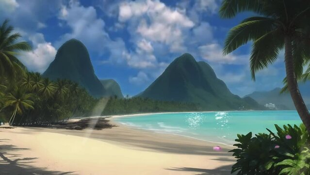 beautiful tropical beach with a bright sky,  seamless looping video animated background