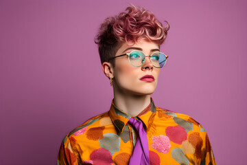portrait of a non-binary person wearing colourful clothing