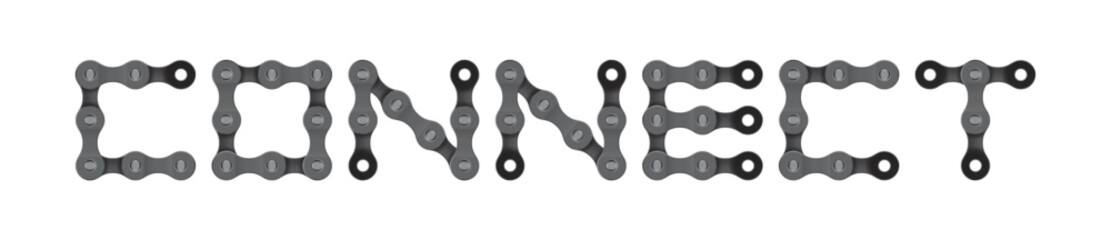 Vector text CONNECT created from realistic bike chain. Isolated on white background.