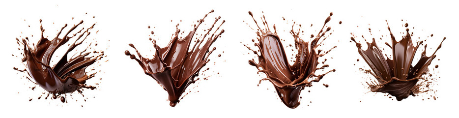 Set of melting chocolate burst explosion splash in the air. Isolated on transparent background