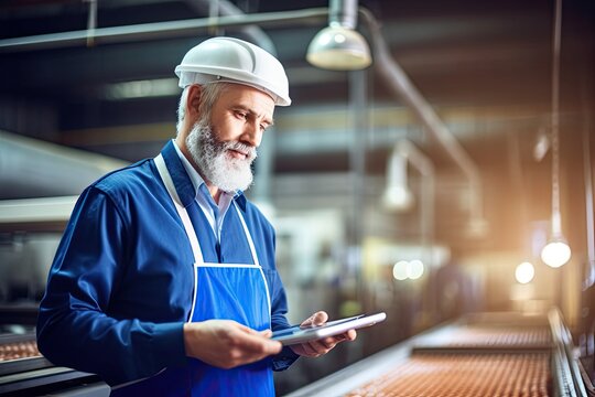 Senior factory worker doing production quality inspection in food industry holding clipboard standing by conveyor belt , Generative AI .