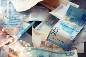 Russian money. Different denomination of bills. Finance concept. Double exposure city. - obrazy, fototapety, plakaty