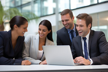 Cheerful business colleagues watching a presentation on a laptop