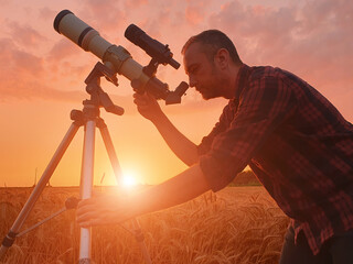 Astronomer looking at sky with a telescope.