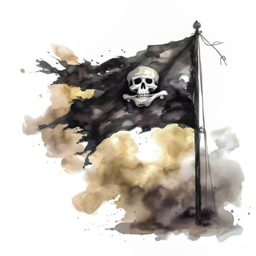 The Jolly Roger Pirate Flag Depicted in Watercolor Painting
