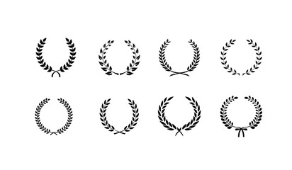 Set black silhouette circular laurel foliate, wheat and oak wreaths depicting an award, achievement, heraldry, nobility on white background. Emblem floral greek branch flat style - stock vector.
