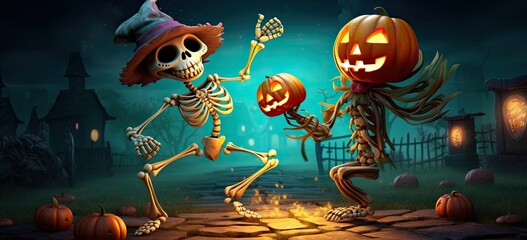 Naklejka premium Energetic skeleton dances with cheerful jack-o-lantern, embodying Halloween fun.