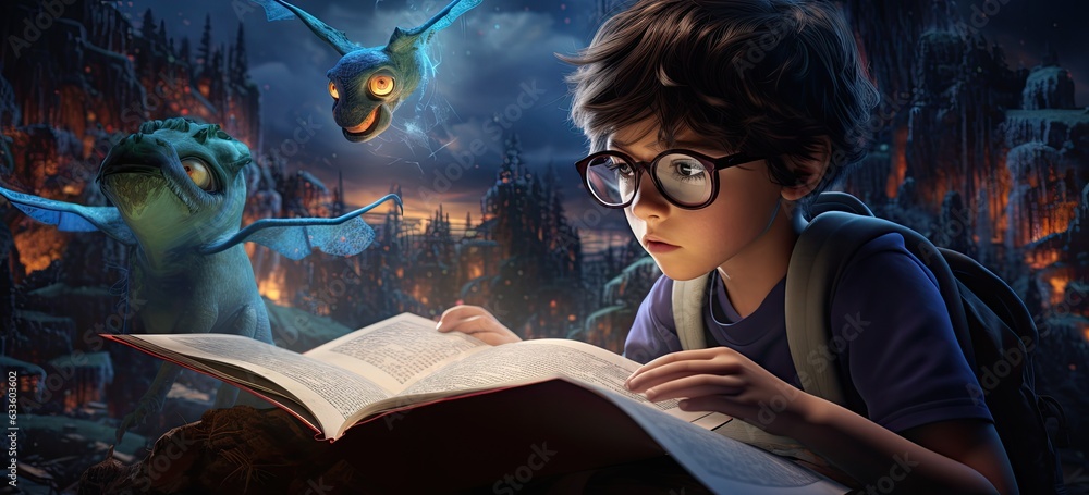 Poster childs imagination sparked while reading a book, sitting at a desk with a globe. educational insight