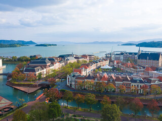 Aerial view of huis ten bosch in Nagasaki prefecture, Kyushu, Japan.