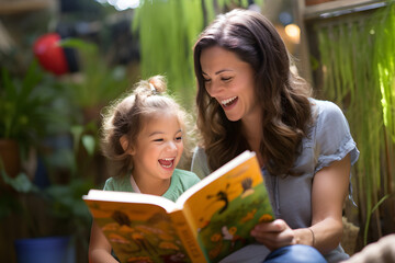 Preschool age girl laughs happily while sitting with her mother reading a story book - Powered by Adobe