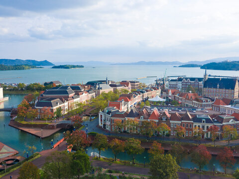 Aerial view of huis ten bosch in Nagasaki prefecture, Kyushu, Japan.