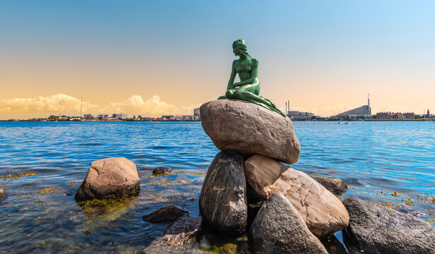 Copenhagen, Denmark - July 28, 2023: View of Little Mermaid sculpture in Copenhagen.
