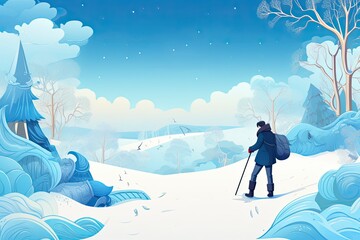 Poster mockup for winter sales in scandinavian style with a man in a snowy forest.