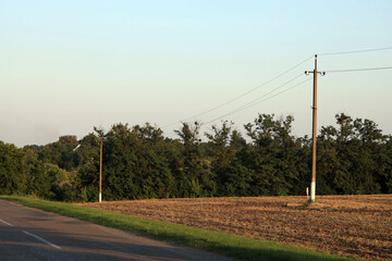 Power poles in a field near the road