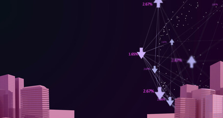 Image of digital network of connections with icons over pink 2d cityscape model