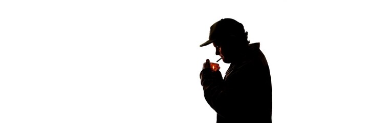 A young man silhouetted on white lights a cigarette