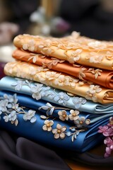 Close-up of folded silk scarves in a variety of colours. Generative AI