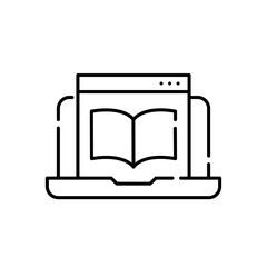 Electronic book on laptop. Reading from e-library. Pixel perfect, editable stroke icon