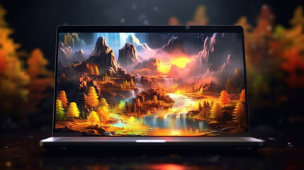 Black Laptop with a Beautiful Landscape, Background, Illustrations, HD
