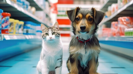 Naklejka premium A cat and a dog in a pet store bright, Background, Illustrations, HD
