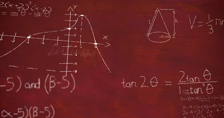 Foto op Canvas Image of mathematical equations over red background © vectorfusionart