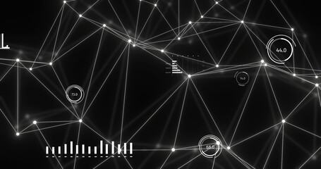 Image of bright white network and data processing over distant network on black background