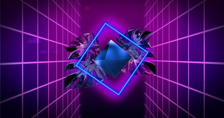 Image of diamond, neon square and leaves with glitch over grid