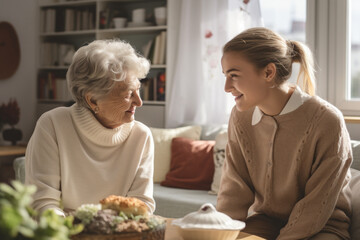 Obraz na płótnie Canvas Grandmother and granddaughter together at home AI Generated