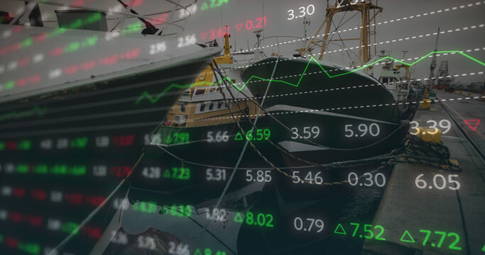 Image of financial data processing over shipyard - Powered by Adobe