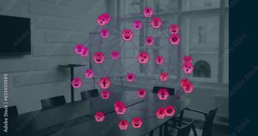 Poster image of globe with connections and data processing over office