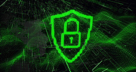 Image of digital shield with padlock over green waves on black background