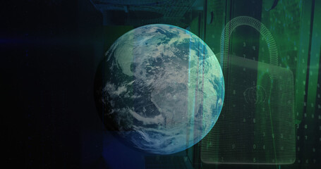 Image of globe, security padlock icon and data processing against computer server room