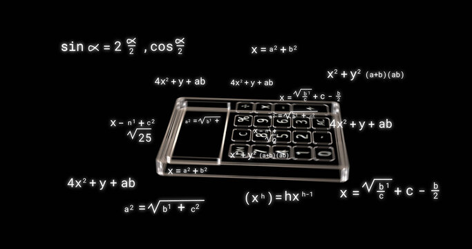 Image of calculator icon over mathematical equations on black background