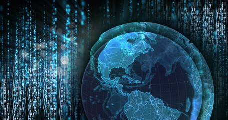 Image of globe over data processing on black background