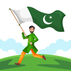Happy Independence Day Pakistan. Vector illustration of Pakistan man with the flag. Poster, banner, flyer template design.