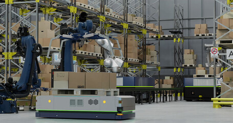 Image of robots and drones working in warehouse