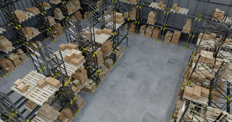 Image of drone view of stacks of boxes in warehouse