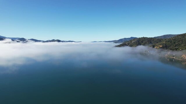 Misty drone footage over the Marlborough Sounds of New Zealand