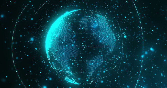This is a digital image that shows a globe spinning with a network of connections spreading out from - Powered by Adobe