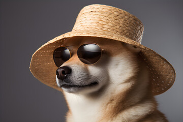 portrait of Shiba Inu wearing sunglasses and sun hat