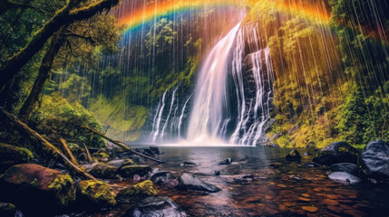 Fototapeta na wymiar A Waterfall Covered With Rainbows, Background, Illustrations, HD