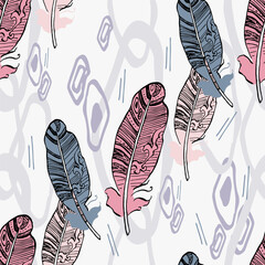 Seamless background pattern with abstract feathers. Vector illustration. Bohemian background from tribal repeating elements. Template for fabric in oriental style.