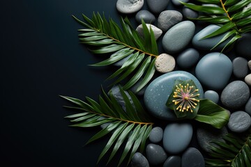 Fototapeta na wymiar Spa concept with zen stones and tropical leaf on black background