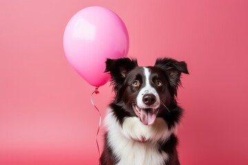 Border collie dog with balloon on pink background.