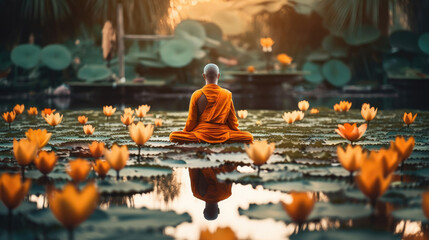 Buddhist meditates in tranquil pond , Background, Illustrations, HD