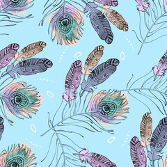 Seamless background pattern with abstract feathers. Vector illustration. Bohemian background from tribal repeating elements. Template for fabric in oriental style.