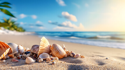 Fototapeta na wymiar Landscape with seashells on tropical beach 